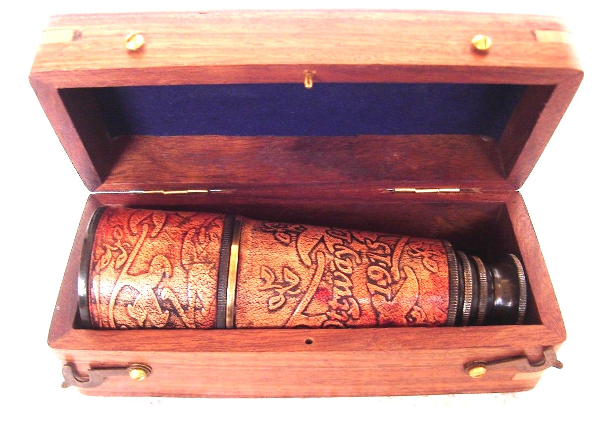 16" MARINE NAUTICAL ANTIQUE NAVY CARVED BRASS PIRATE LEATHER TELESCOPE W BOX