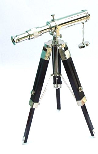 Brass Telescope 10" Chrome With Wood Tripod Stand