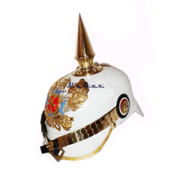 Deutscher weißer Pickelhaube-Lederhelm, handgefertigt