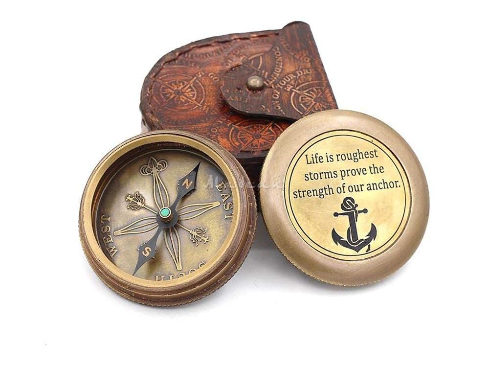 Brass Anchor Compass With Leather Case