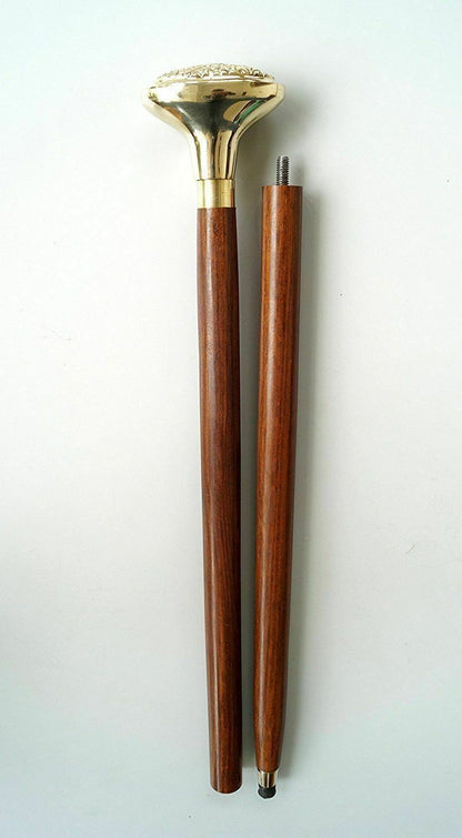 Bâton de canne de marche en bois avec poignée en laiton massif vintage