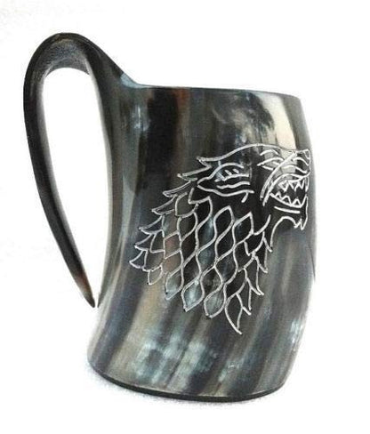 Viking Horn Mug – Wholesale 19 oz Natural Horn Tankard with Wolf Motif