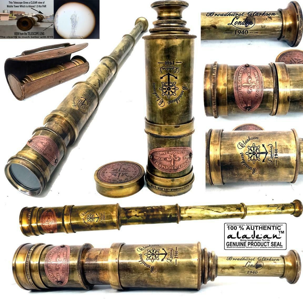 Brass Telescope 19" Scout Regiment Pirate Spyglass for Kids 20x Hi Magnification Gift