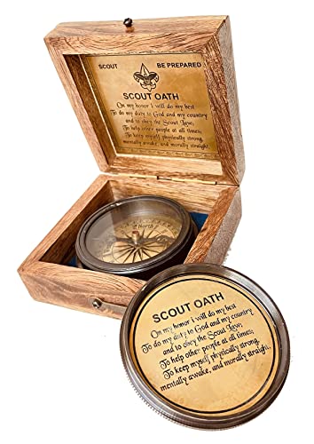 Cadeau de boussole de scout pour garçons – Boussole de serment d'aigle gravée dans une boîte en bois Scout Be Prepared Boussole d'orientation de camping, cadeau de boussole de randonnée, calendrier de 50 ans