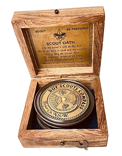 Cadeau de boussole de scout pour garçons – Boussole de serment d'aigle gravée dans une boîte en bois Scout Be Prepared Boussole d'orientation de camping, cadeau de boussole de randonnée, calendrier de 50 ans