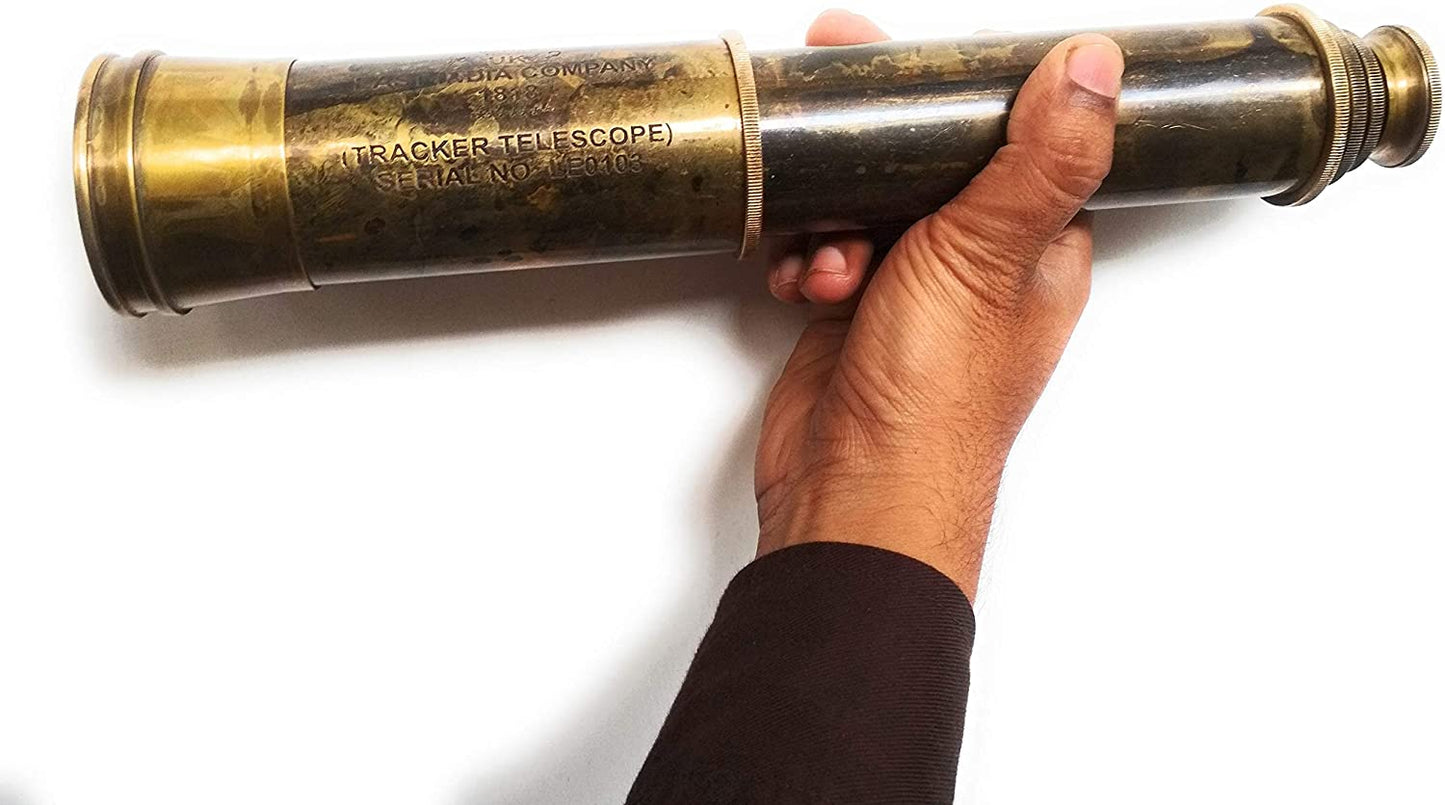 Télescope en laiton rare East India Company 1818 Tracker Spyglass Scope Réplique antique 32 pouces Grand souvenir vintage avec étui en cuir cousu main